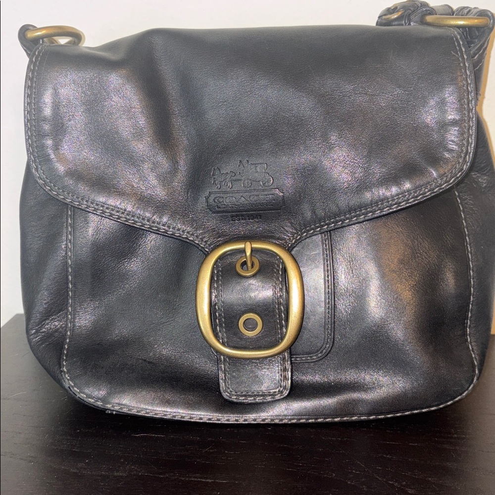 Coach Black Leather Crossbody Bag with Gold Accents